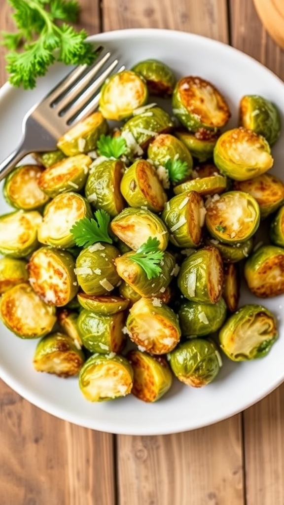 Crispy smashed Brussels sprouts with Parmesan cheese on a plate, garnished with parsley.
